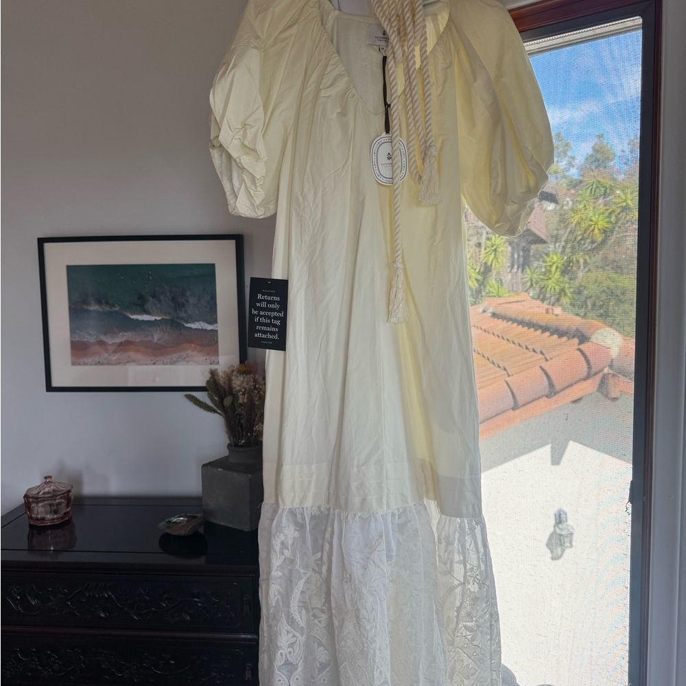 NWT Tuckernut pale  Yellow Boho Maxi Dress with Lace Hem